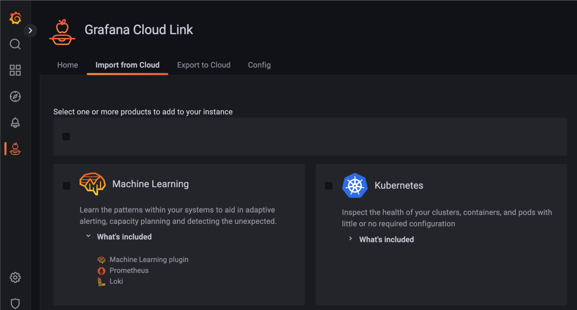 Screenshot of import feature in Grafana Cloud Link.