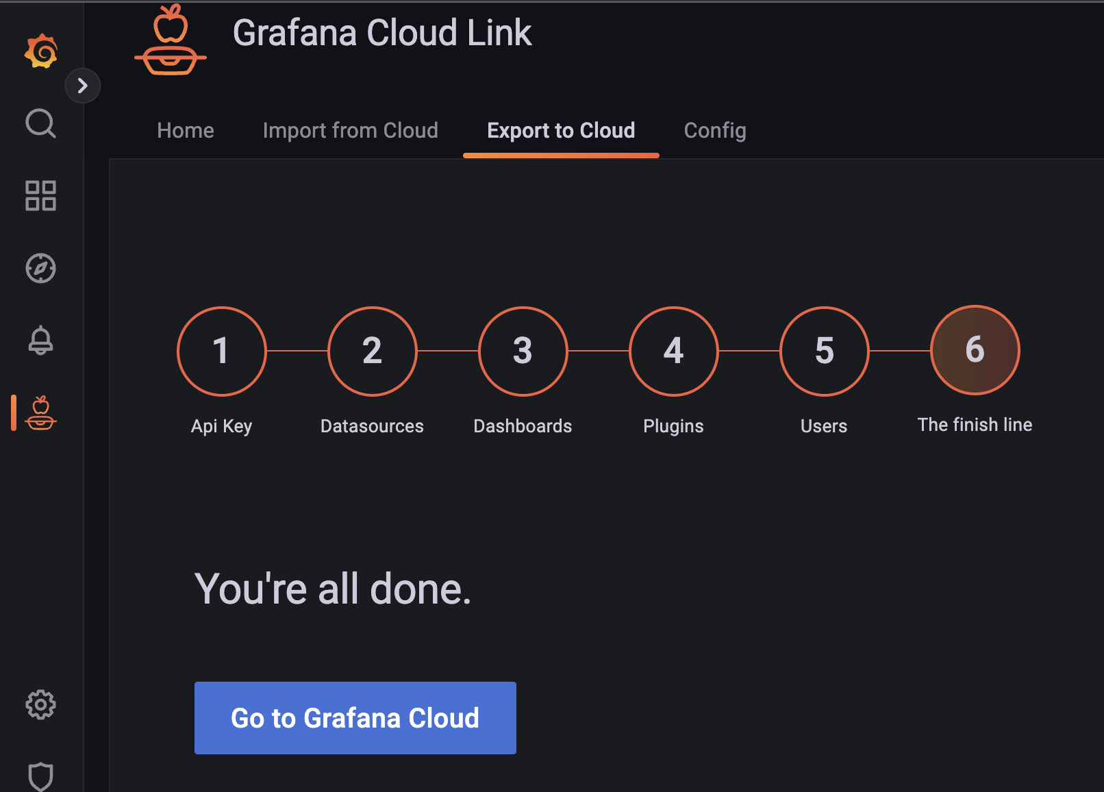 Screenshot of the final screen for Grafana Cloud Link setup. 