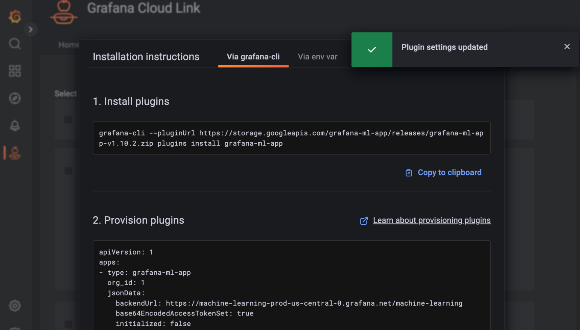 Screenshot of installation instructions in Import feature of Grafana Cloud Link. 