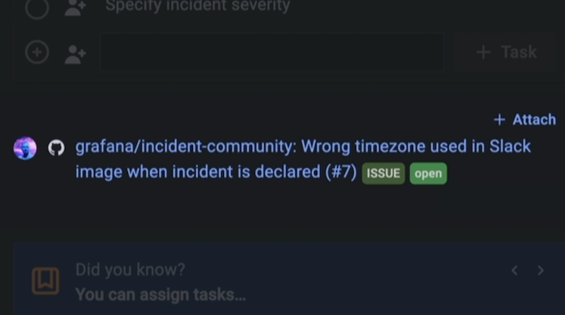 Screenshot of context being added to Grafana Incident.
