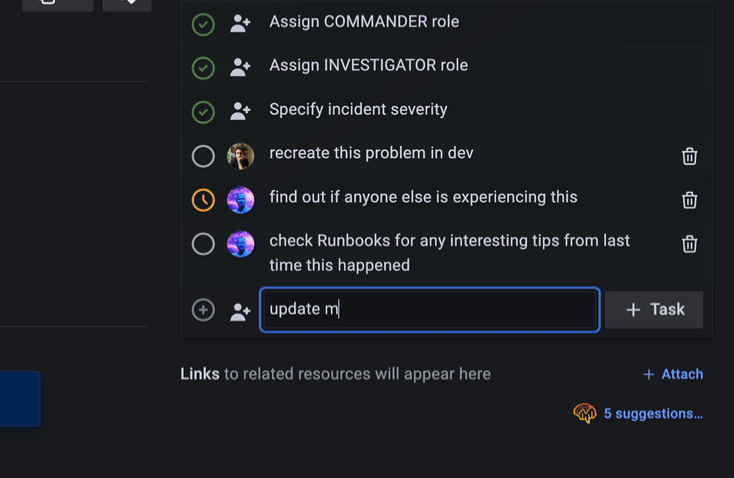 Grafana Incident gif of task management assignments.