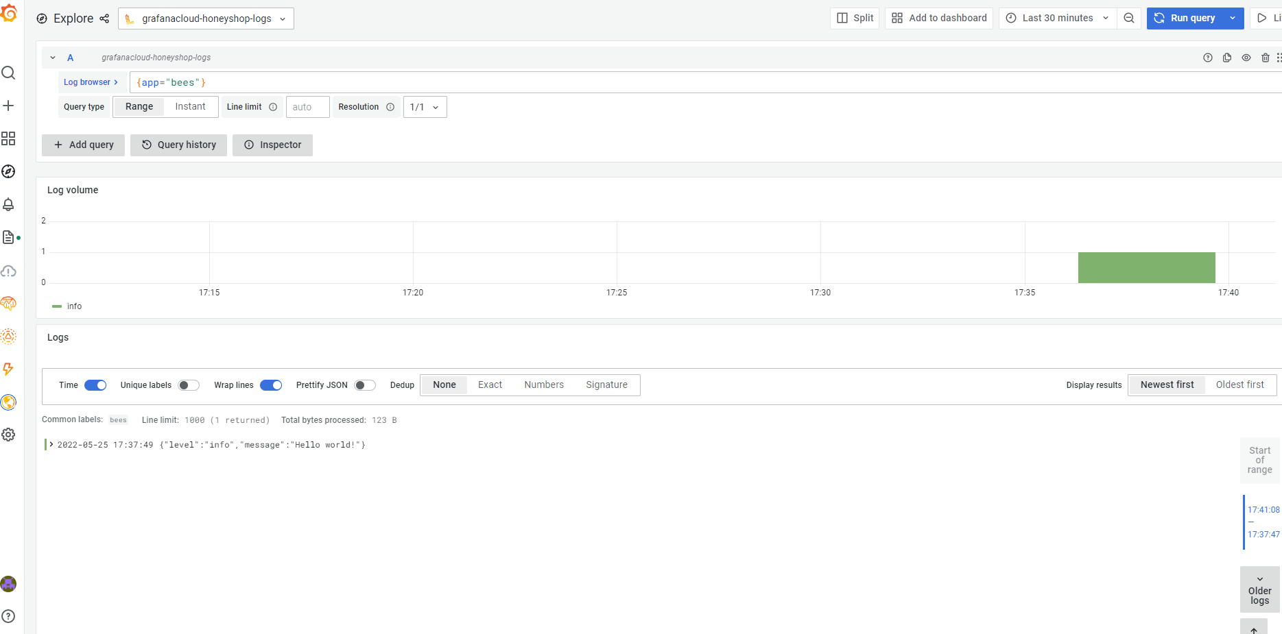 Screenshot of logs streaming into Grafana Explore UI.