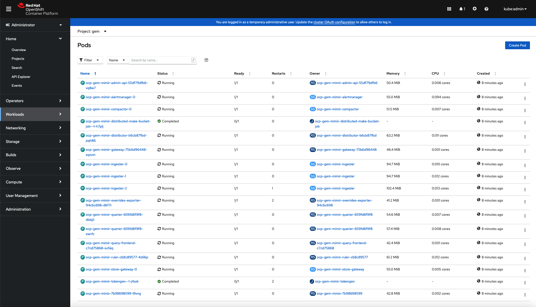 Screenshot of running GEM pods and completed token job pod in the Red Hat OpenShift UI.