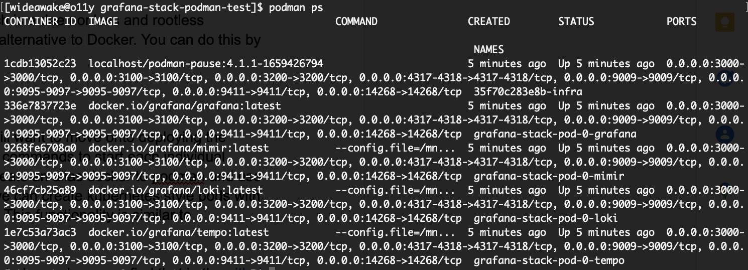 Screenshot of successful Podman commands verifying pod is running in containers.