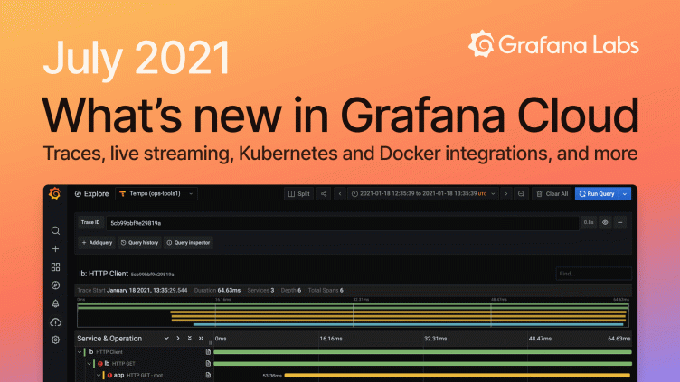 What's new in Grafana Cloud for July 2021: Traces, live streaming, Kubernetes and Docker integrations, and more