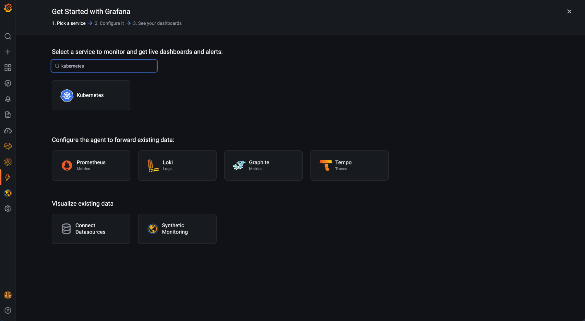Search for K8s in the Grafana Cloud integrations UI