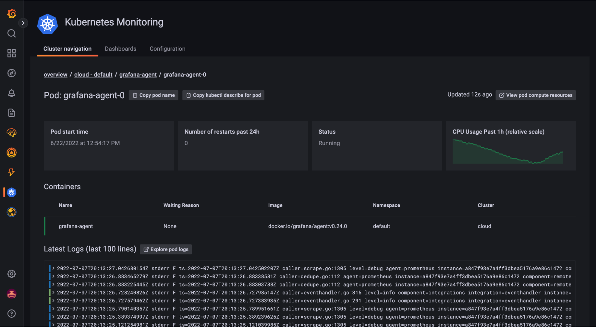 Screenshot of Kubernetes log lines in Grafana Cloud using Kubernetes Monitoring