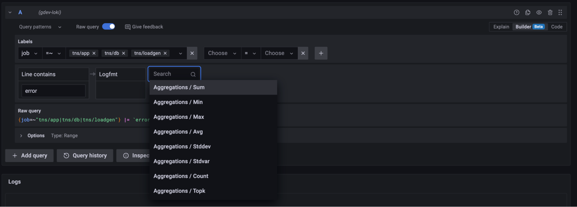 Screenshot of how to add operations such as line filters, parsers, functions or aggregations in Loki query builder.