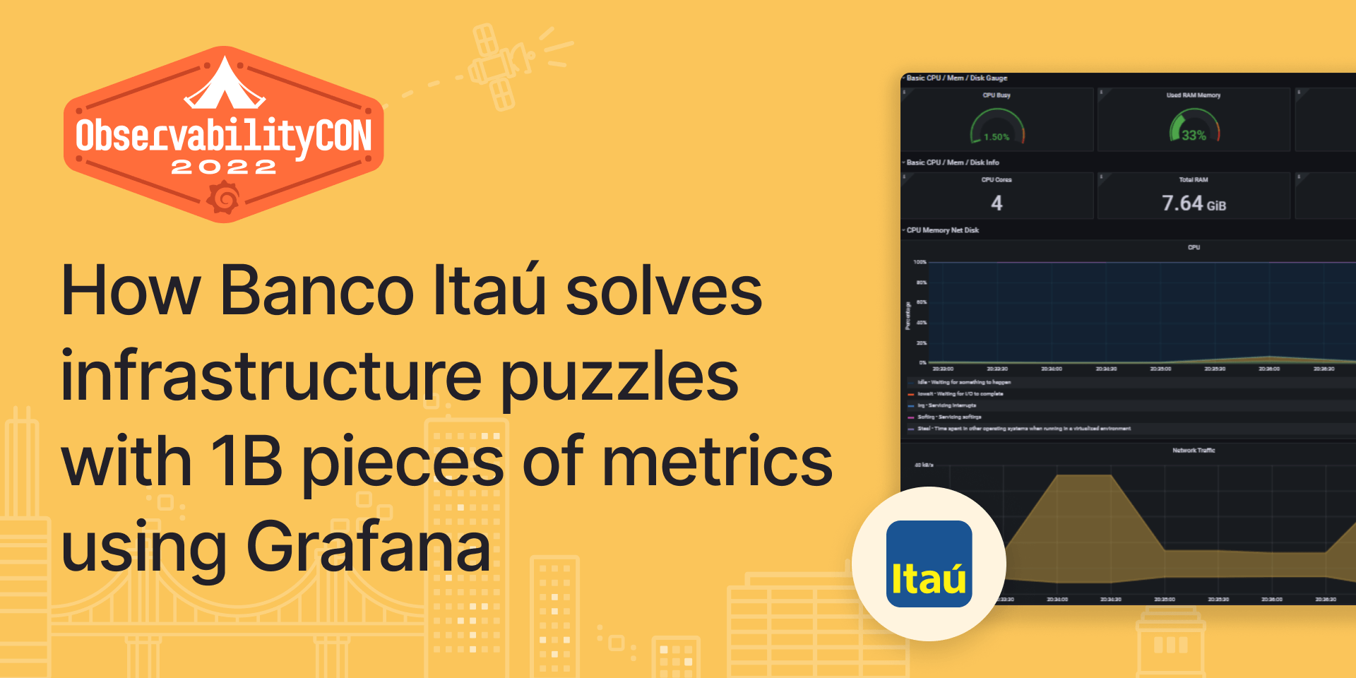 The title card for the ObservabilityCON session, including the event logo, the session title, the bank logo, and a Grafana dashboard.