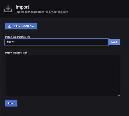 Upload button to import node exporter dashboard to Grafana Cloud
