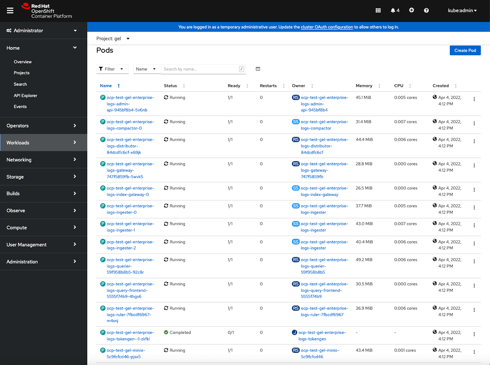 The running GEL pods and completed token job pod as seen in the OpenShift UI