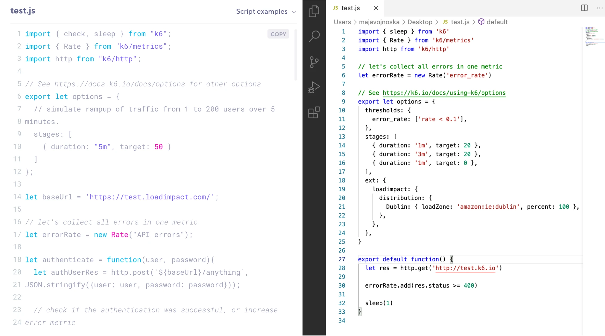 Screenshot of Javascript in Grafana Cloud k6