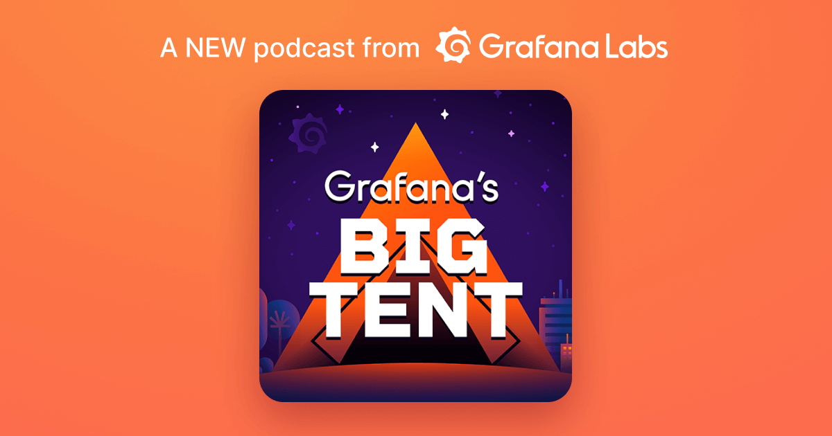 An illustration of the logo for Grafana's Big Tent podcast, featuring an open, triangular tent that's open, with a purple background.