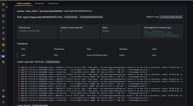 Conheça o registro instantâneo do Kubernetes com o Kubernetes Monitoring no Grafana Cloud
