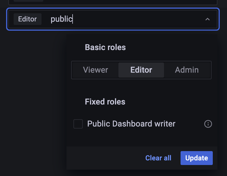 The Public Dashboard writer role for users