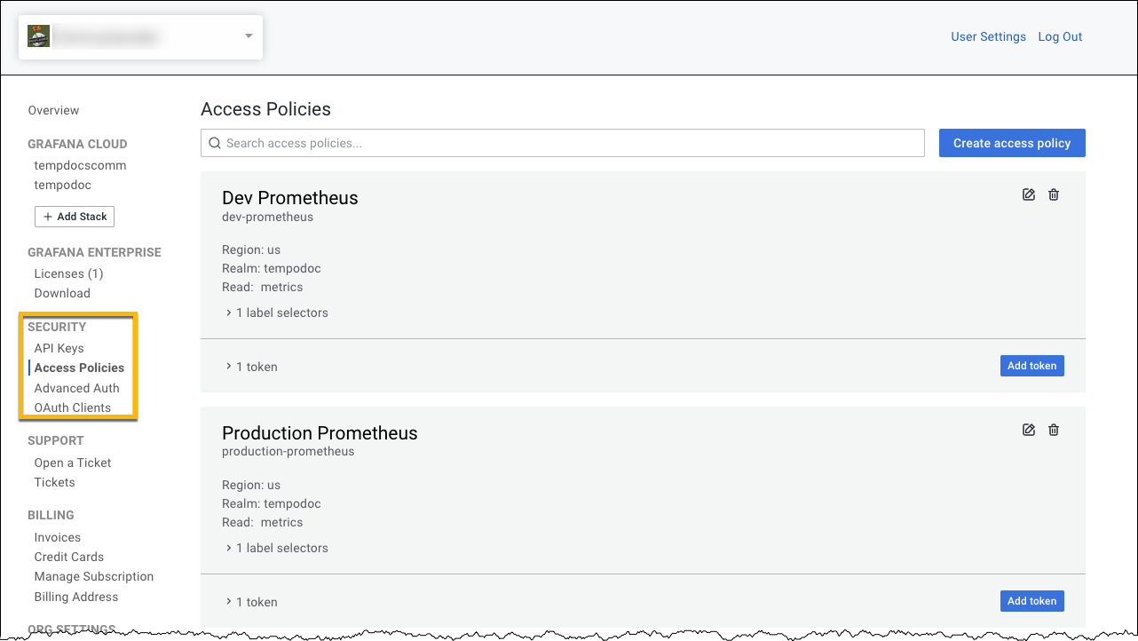 The Access Policies page in the Cloud Portal