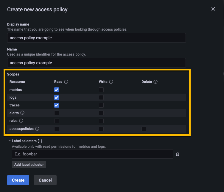 The available scopes in the Cloud Access Policies plugin.