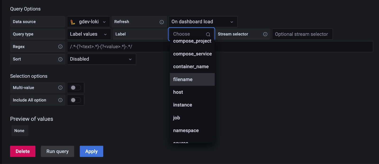 *Creating a template variable query for Grafana Loki in Grafana 9.2 using the new editor.*
