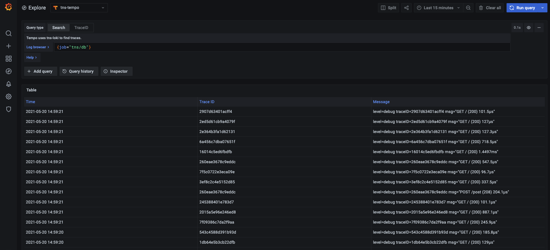 Screenshot of the Tempo query editor showing the search tab Screenshot of the Tempo query editor showing the search tab