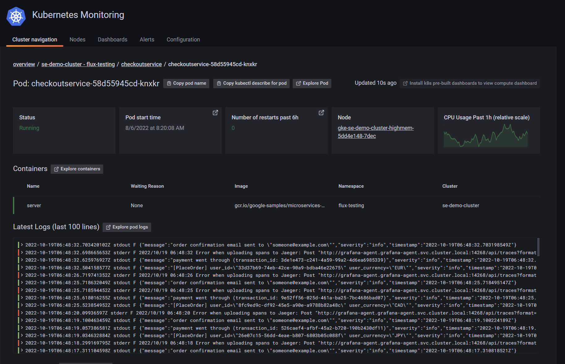 Kubernetes Monitoring logs dashboard in Grafana Cloud