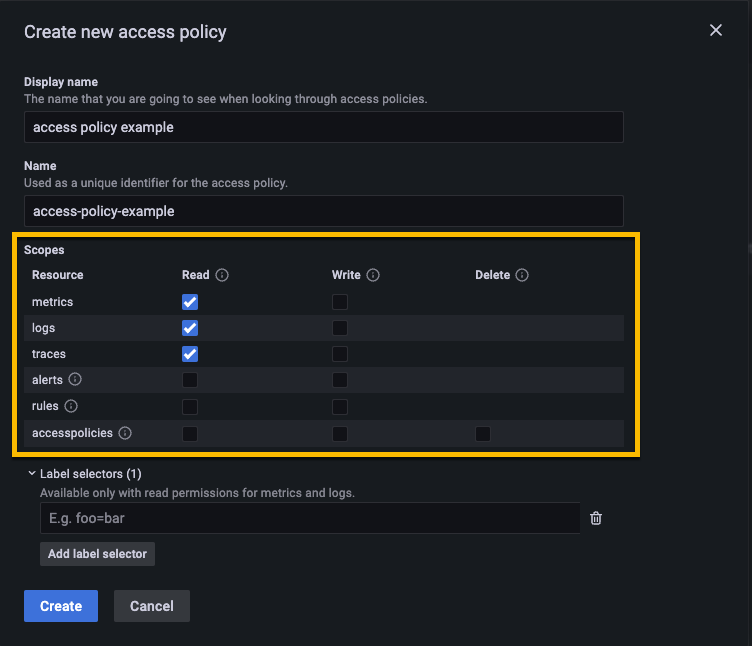 The available scopes in Cloud access policies within a stack. The available scopes in Cloud access policies within a stack.